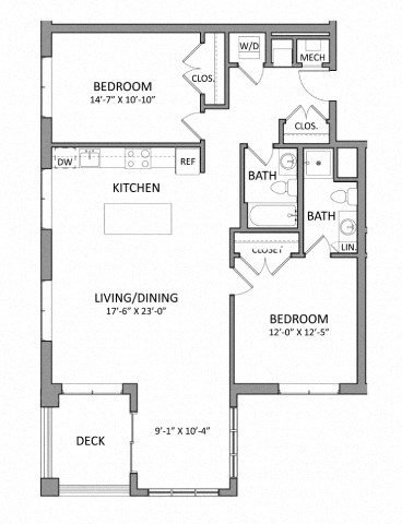 Floor plan for 2 beds, 2 baths, 1096 sqft